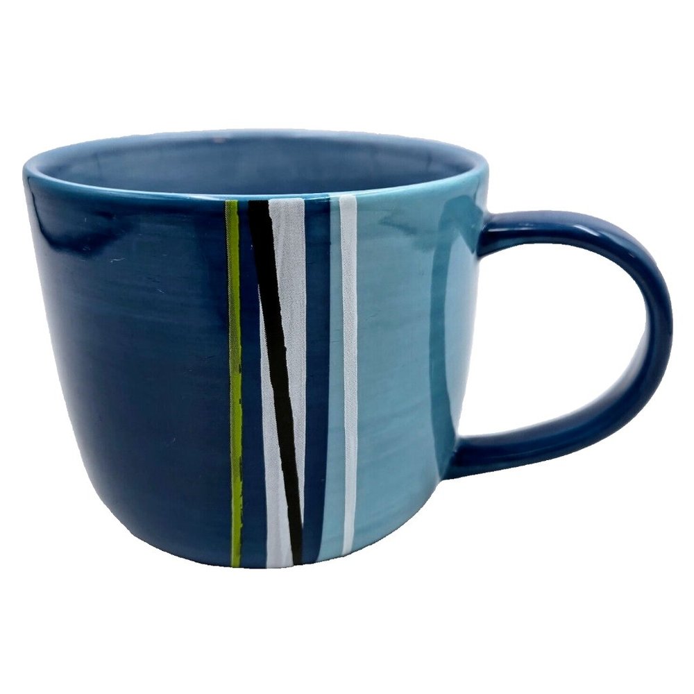 Starbucks 2008 Blue White Green Stripe Mug Cup Coffee Tea Large Read